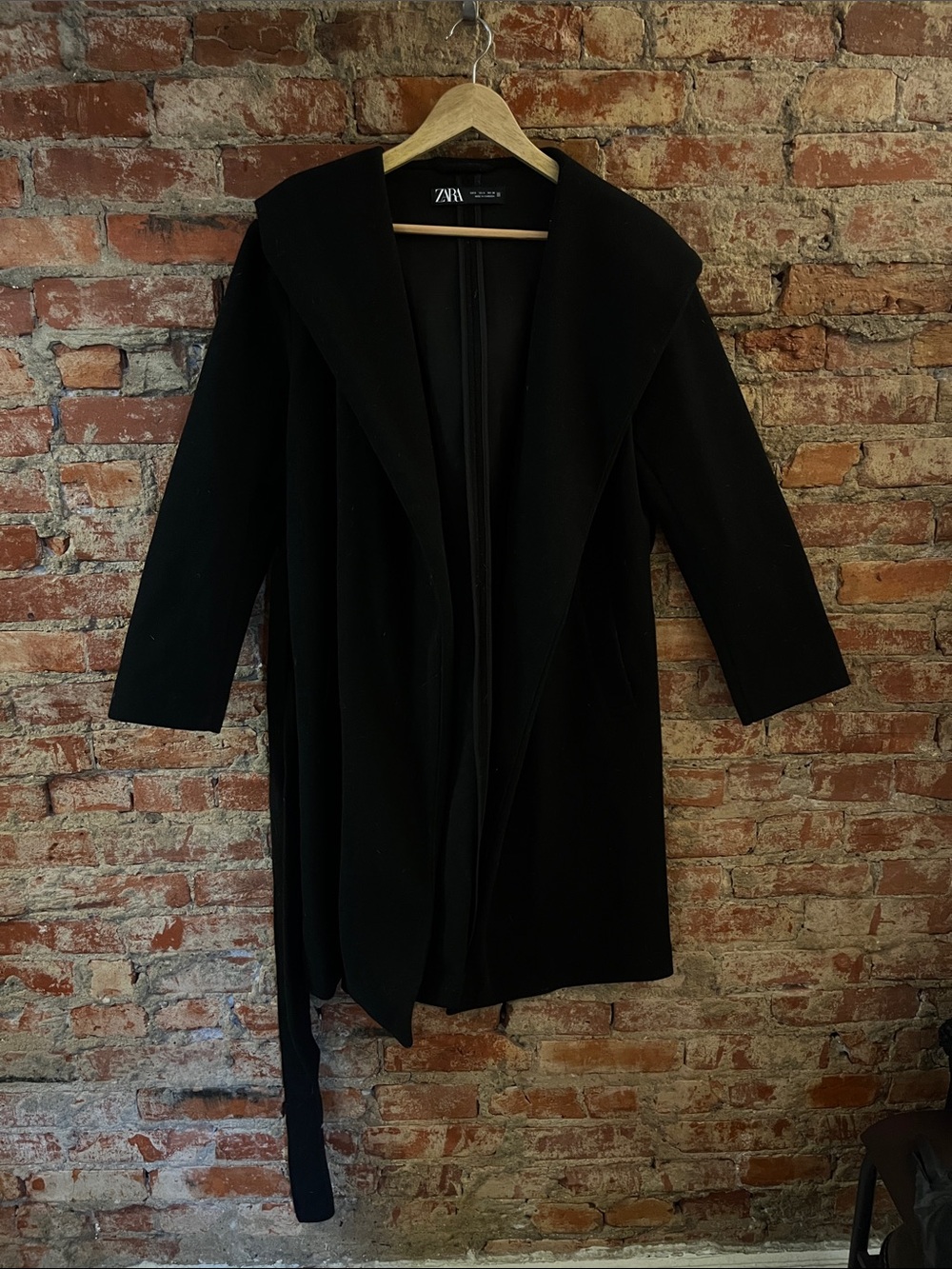 ZARA Black Long Shawl-Collar Hooded Trench Coat with Tie Belt